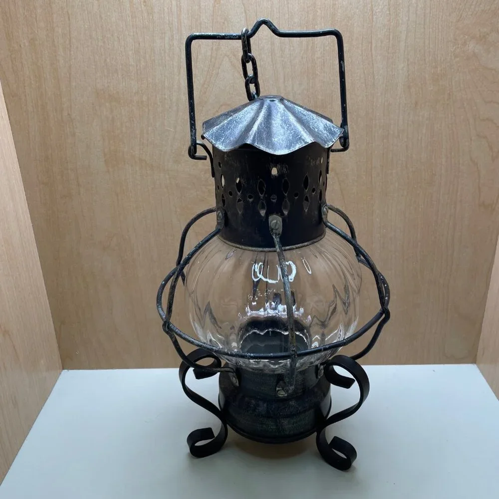 Rare Antique-Style 3 Piece Black Metal & Glass Lantern With Decorative Stand and